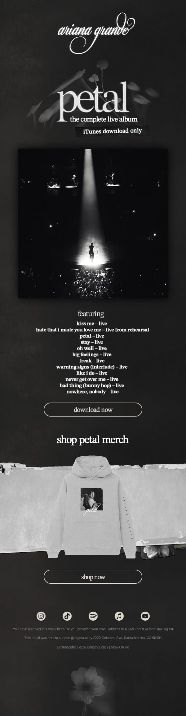 petal: the complete live album ꕤ 。˚ available now email from Ariana Grande screenshot