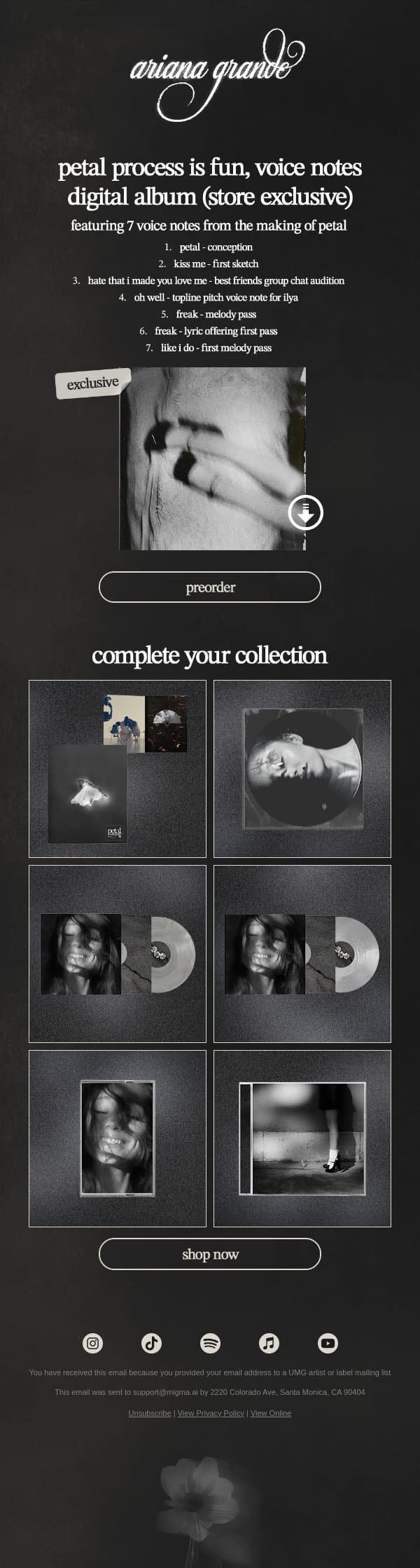 exclusive petal digital album available for preorder ꕤ email from Ariana Grande screenshot