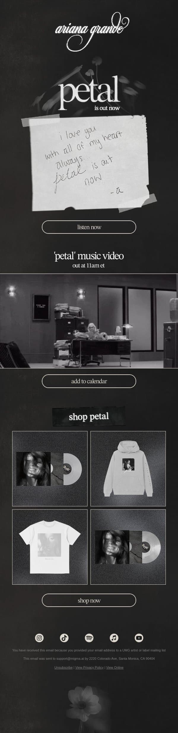 petal, the album ꕤ 。˚ out now email from Ariana Grande screenshot