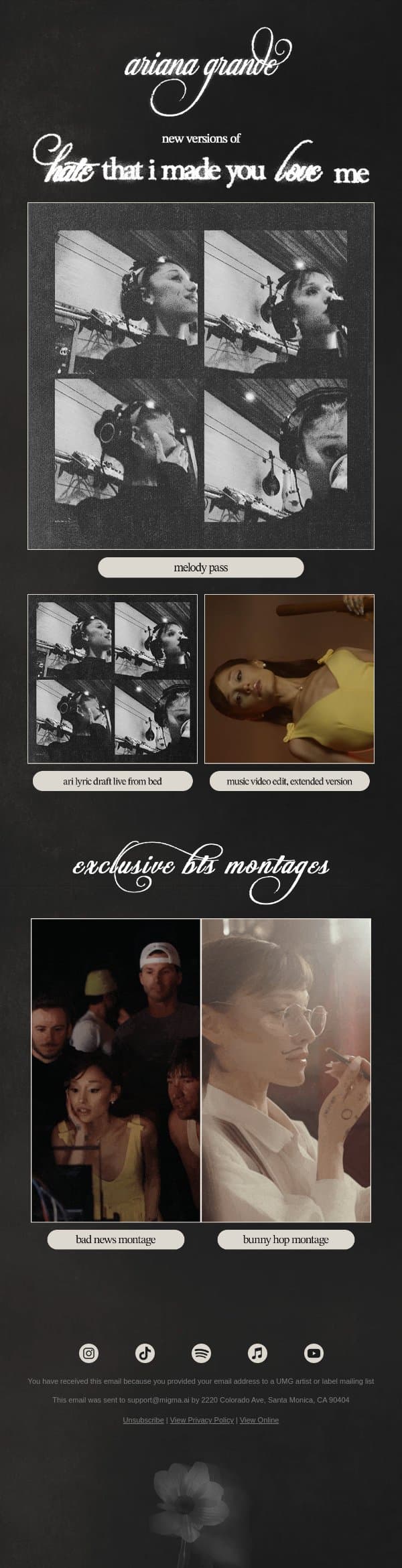 3 new versions of hate that i made you love me ♡ email from Ariana Grande screenshot