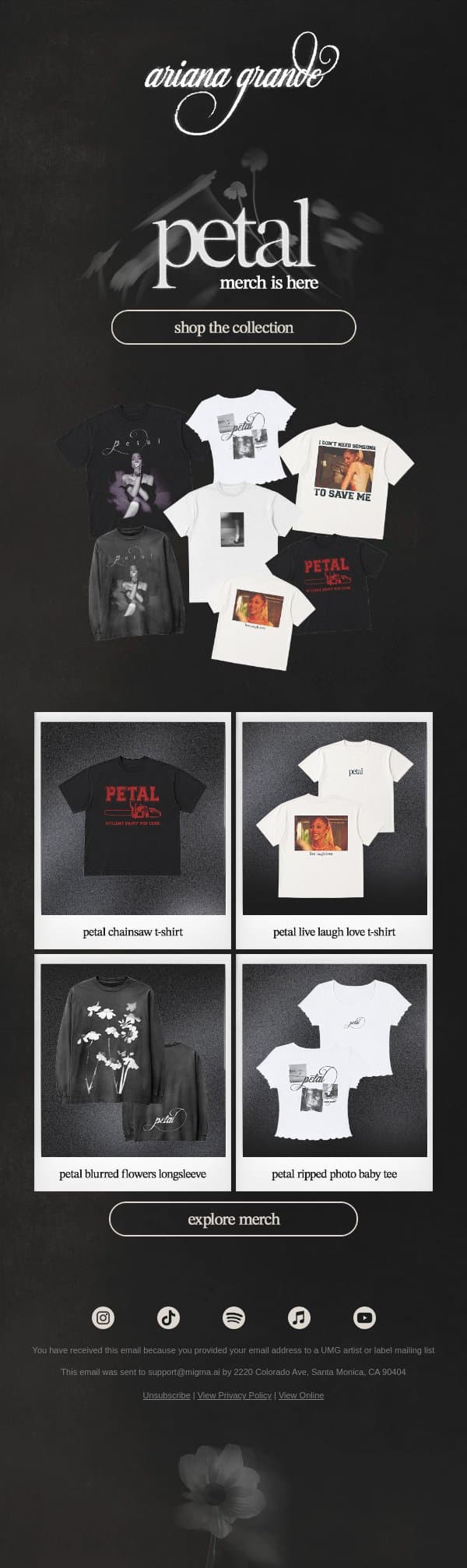 the petal merch collection ꕤ 。˚ email from Ariana Grande screenshot