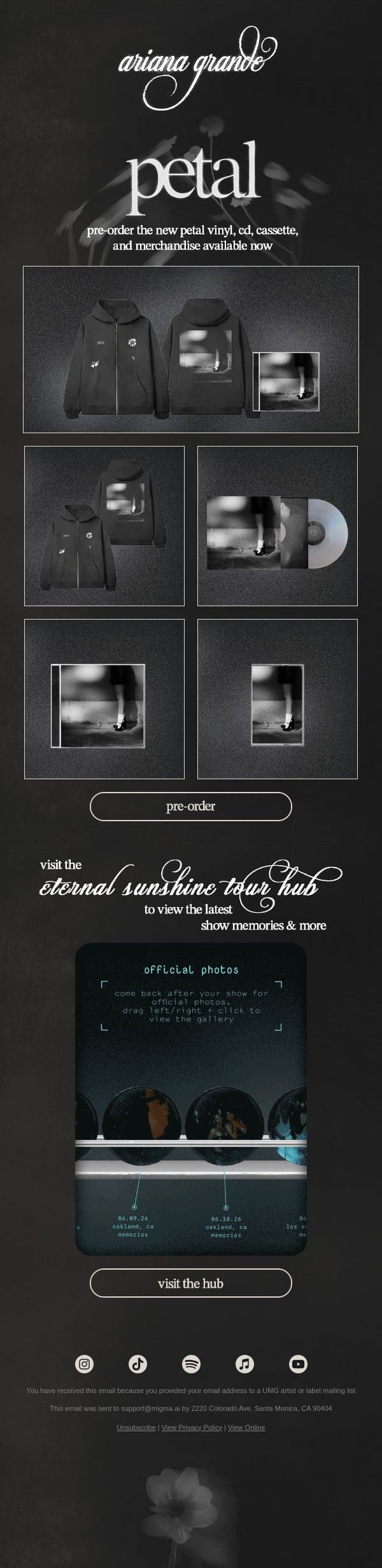 new petal store exclusive fan pack + music variants ♡ email from Ariana Grande screenshot