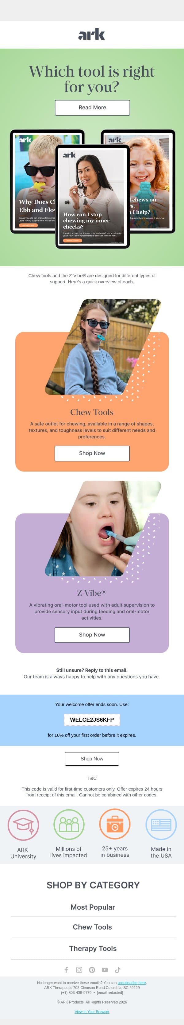 Chew tool or Z-Vibe? email from ARK Therapeutic screenshot