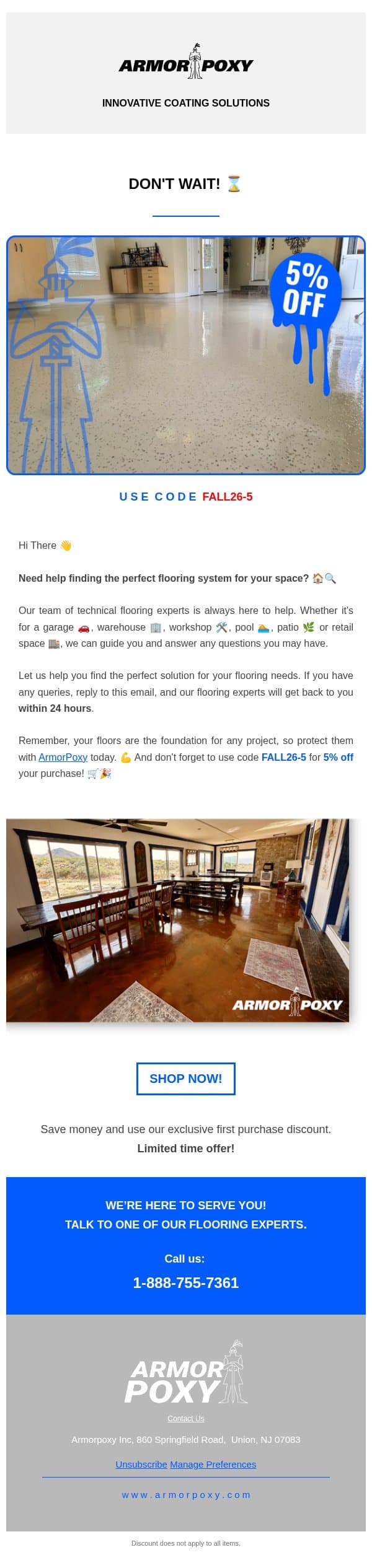 Need Help Deciding on your Flooring System? email from ArmorPoxy screenshot