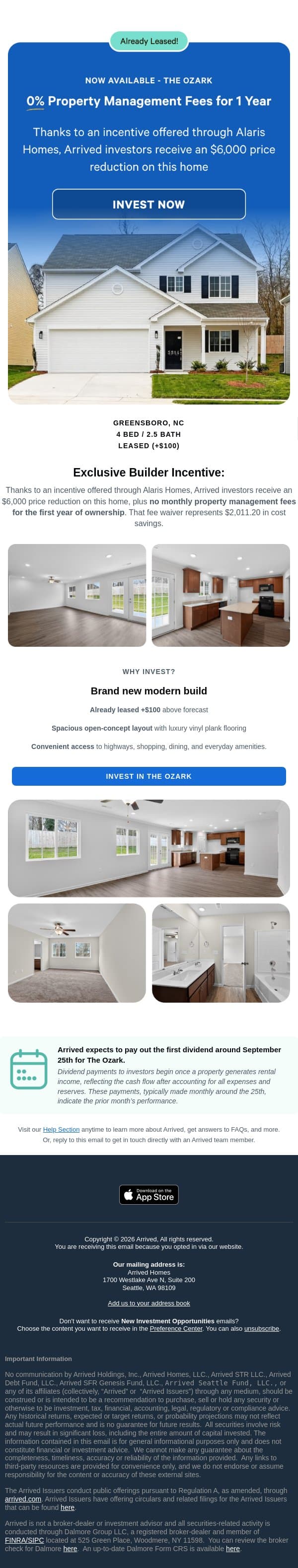 🏡 New Property: 0% Monthly PM Fees for 1 Year email from Arrived Homes screenshot