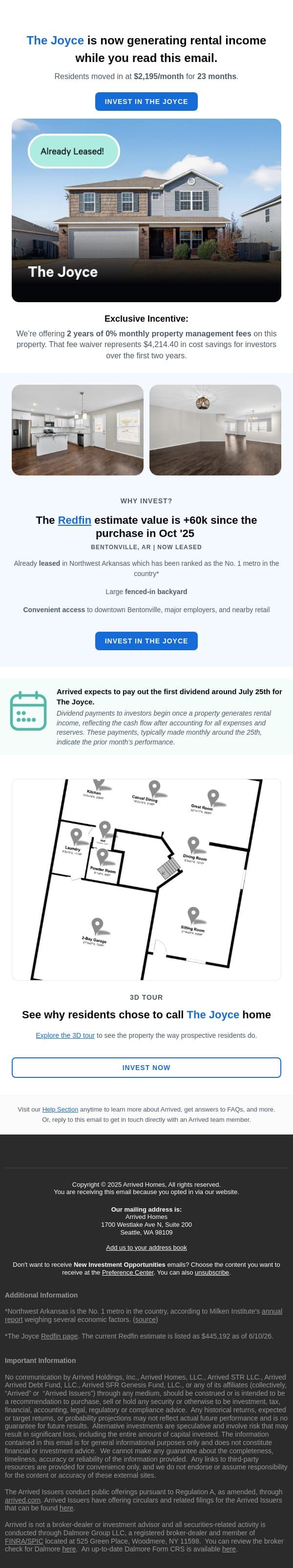The Joyce is 90% Funded email from Arrived Homes screenshot