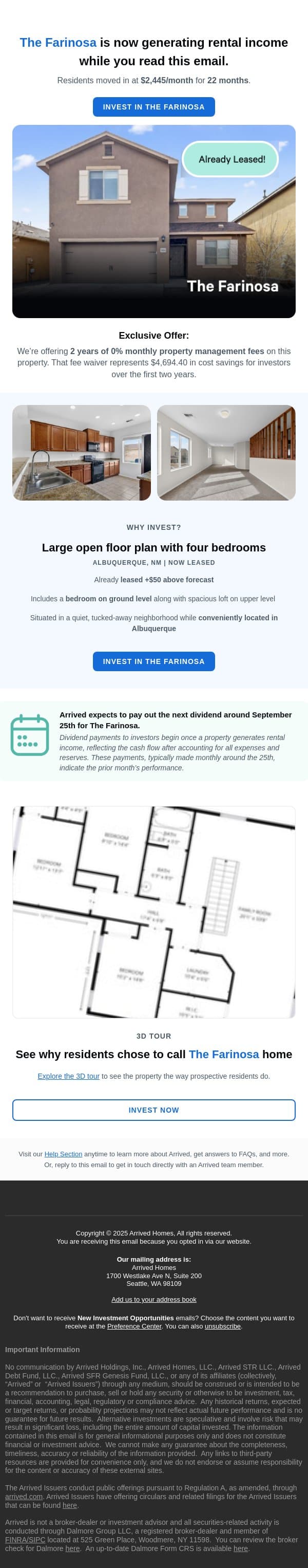 The Farinosa is 95% Funded email from Arrived Homes screenshot