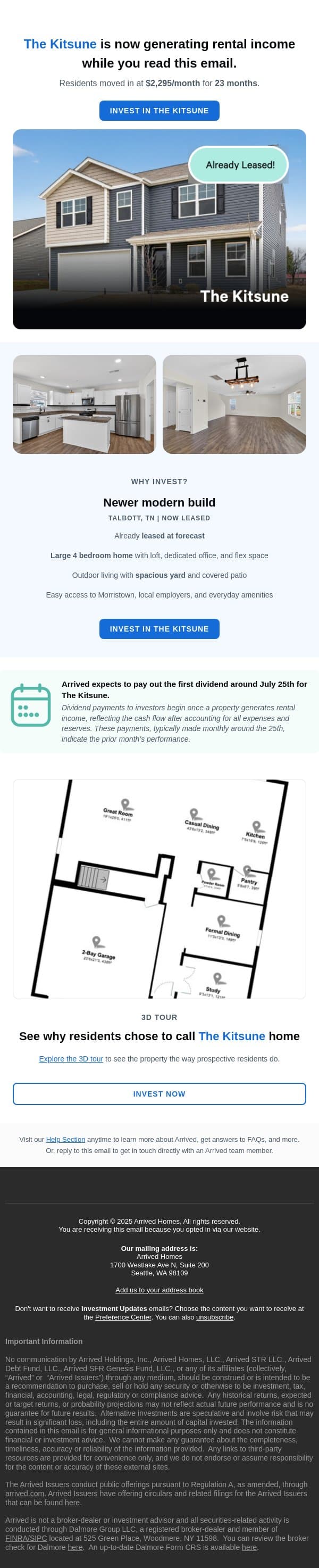 The Kitsune is 95% Funded email from Arrived Homes screenshot