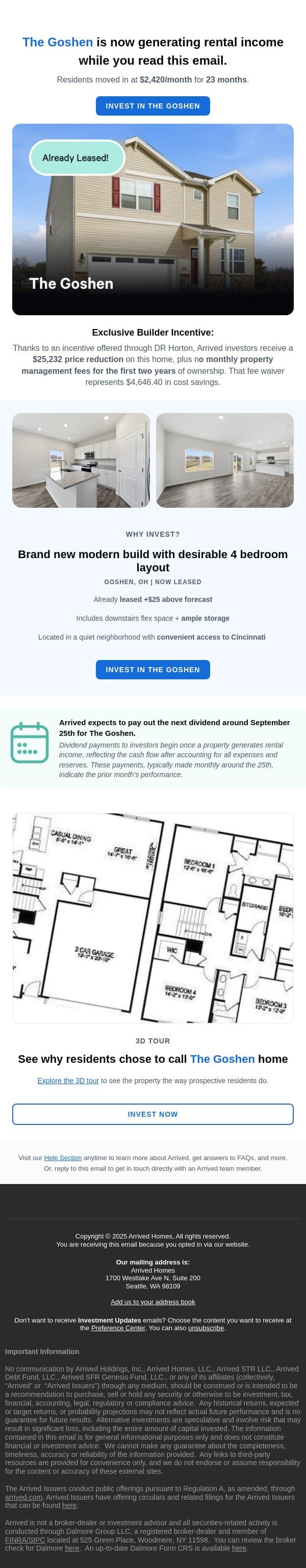 The Goshen is 98% Funded email from Arrived Homes screenshot