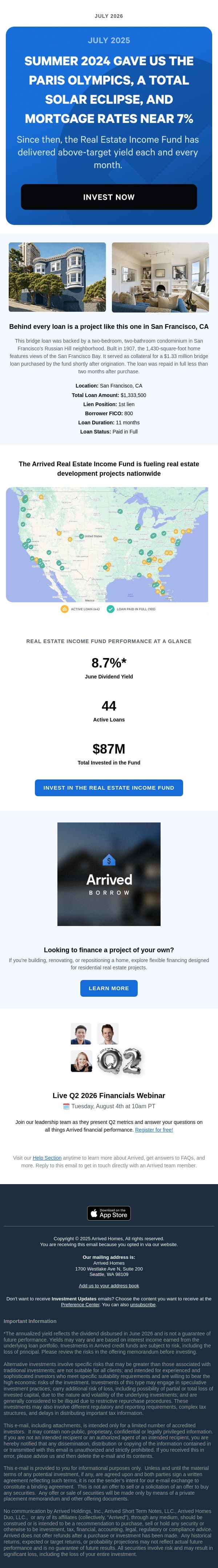 24 Months of Above-Target Monthly Income email from Arrived Homes screenshot