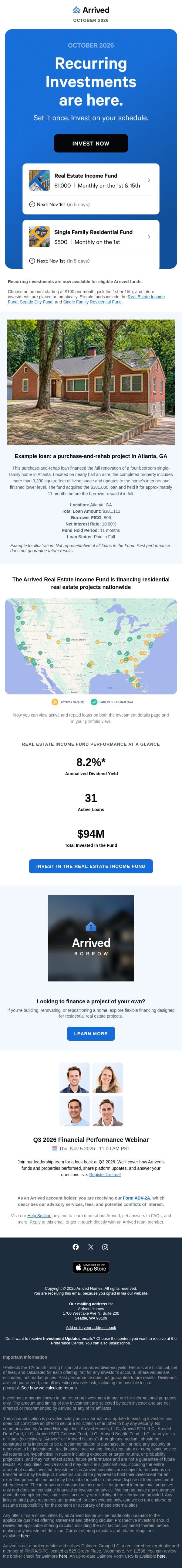 Invest in the Real Estate Income Fund on your schedule email from Arrived Homes screenshot