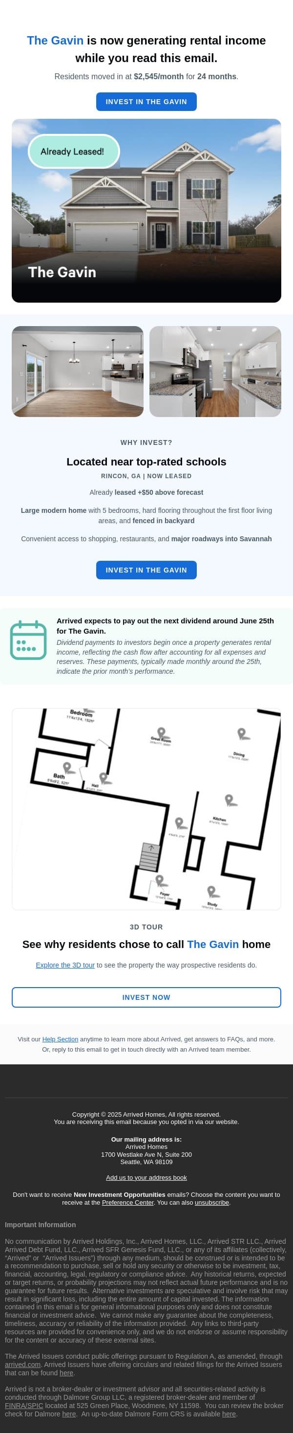 The Gavin is 92% Funded email from Arrived Homes screenshot