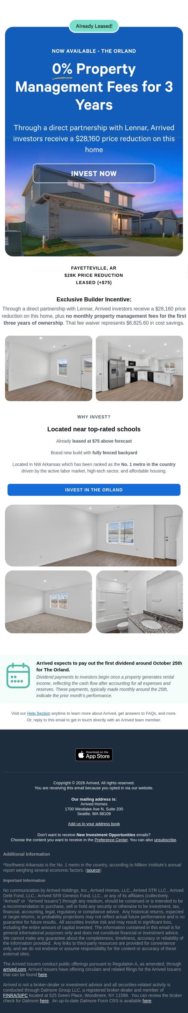 🏡 New Property: 0% Monthly PM Fees for 3 Years email from Arrived Homes screenshot