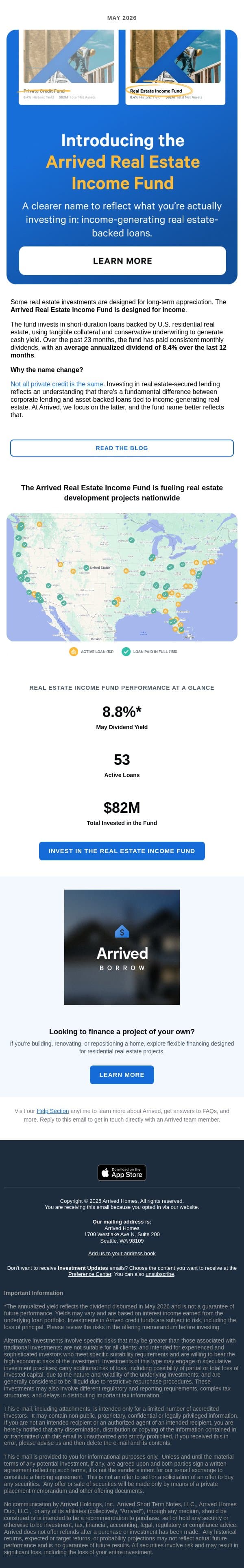 Meet the Real Estate Income Fund email from Arrived Homes screenshot