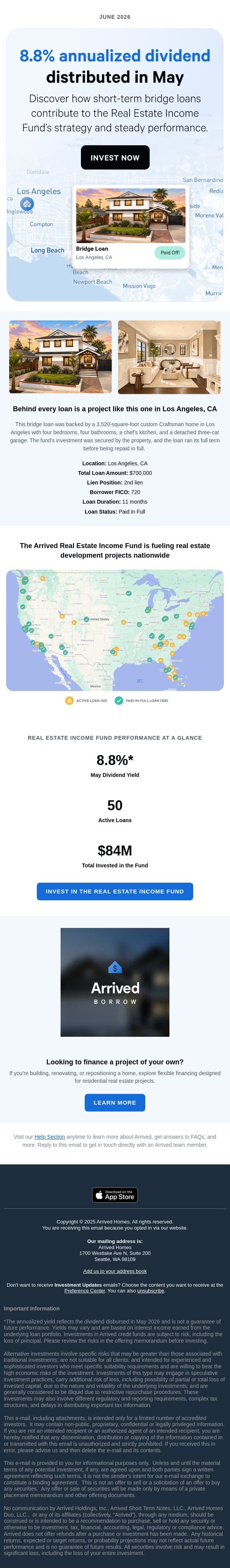 đź’° 8.8% in May, our highest annualized dividend to date email from Arrived Homes screenshot