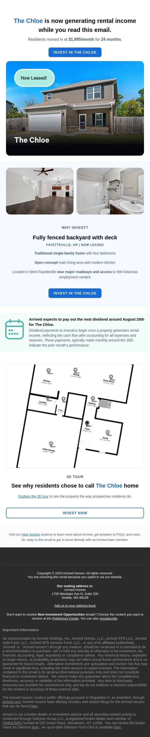 The Chloe is 97% Funded email from Arrived Homes screenshot