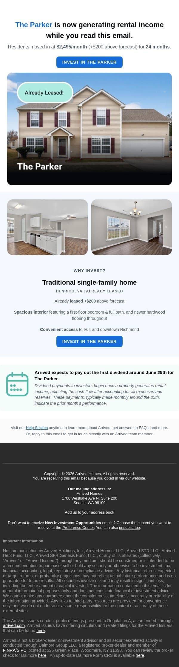The Parker is 97% Funded email from Arrived Homes screenshot