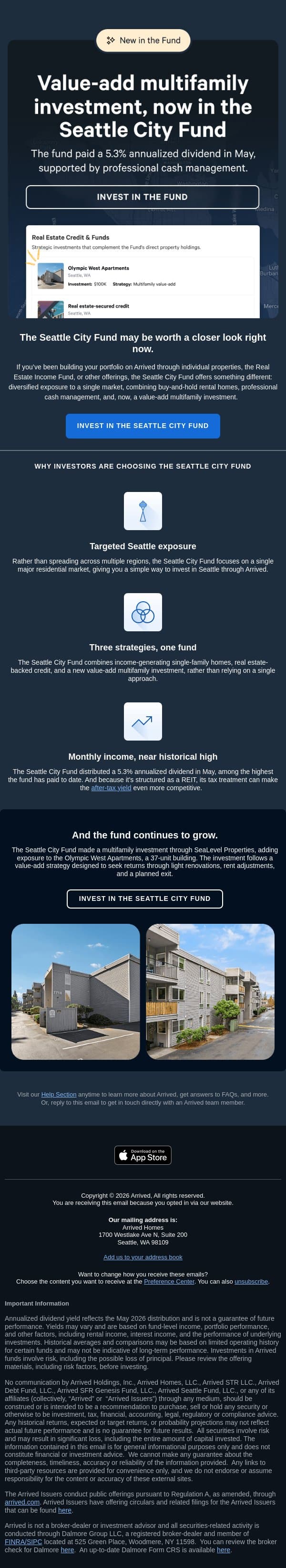 🏢 Seattle City Fund expands beyond single-family homes email from Arrived Homes screenshot