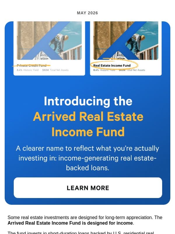 Meet the Real Estate Income Fund email from Arrived Homes