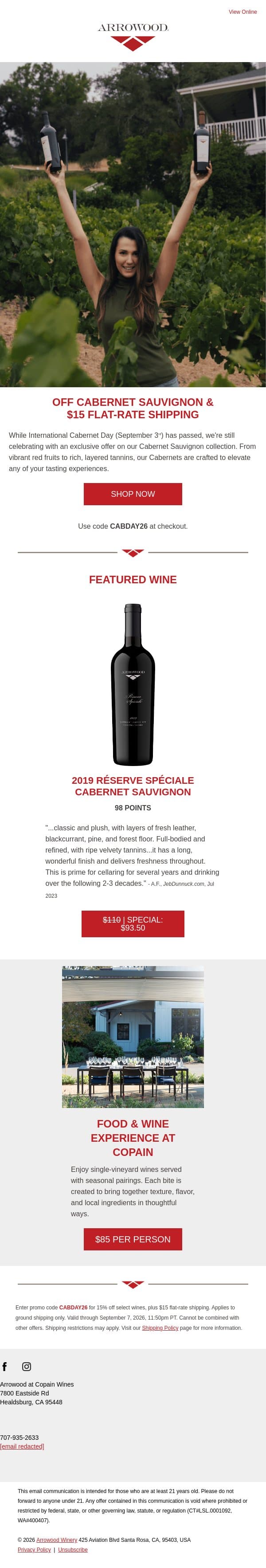 15% Off Cabernet | Final Days email from Arrowood Vineyards & Winery screenshot