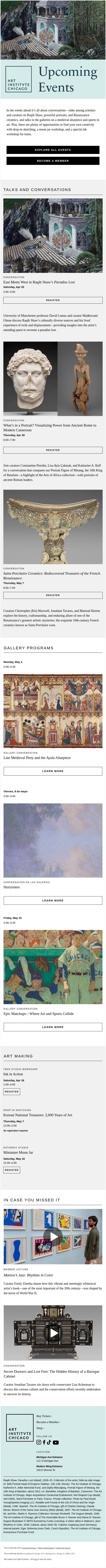 Upcoming Events: Conversations to Hear and Ones to Join email from Art Institute of Chicago screenshot