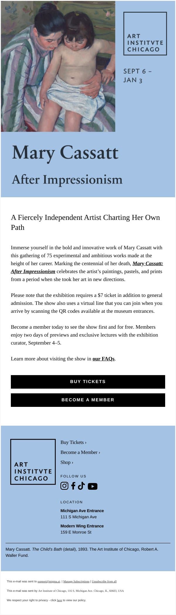 “Mary Cassatt: After Impressionism” Opens September 6 email from Art Institute of Chicago screenshot