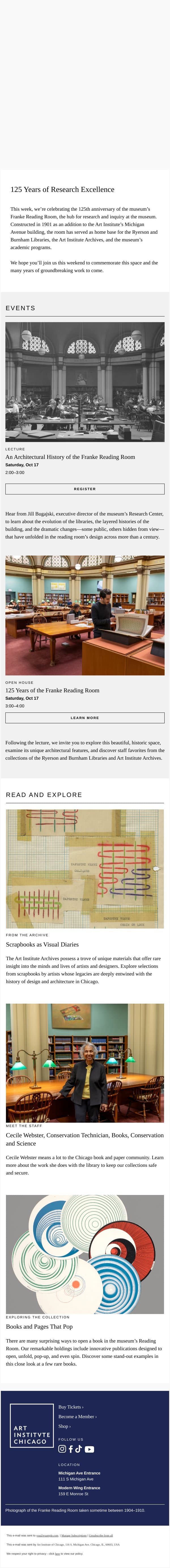 Celebrate 125 Years of the Franke Reading Room! email from Art Institute of Chicago screenshot