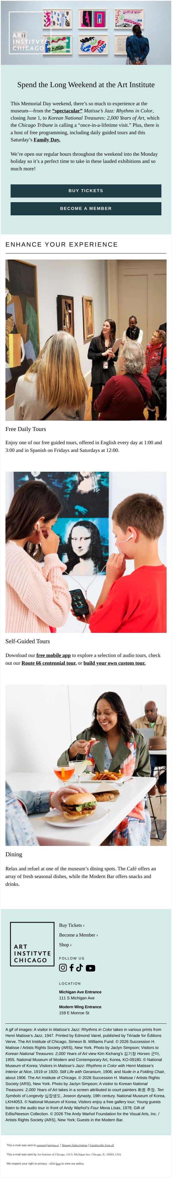 Put Art on the Calendar This Memorial Day Weekend email from Art Institute of Chicago screenshot