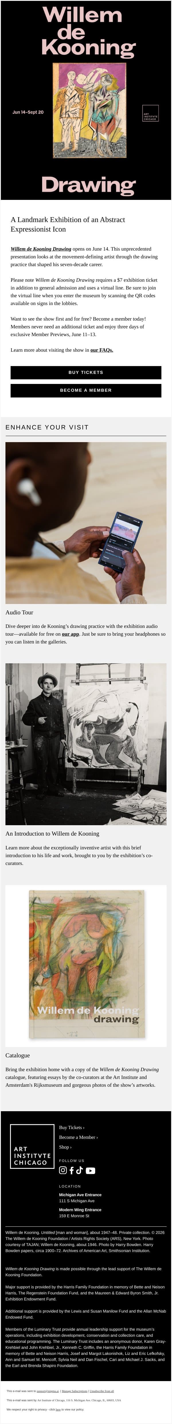 Get Your Tickets to “Willem de Kooning Drawing” email from Art Institute of Chicago screenshot