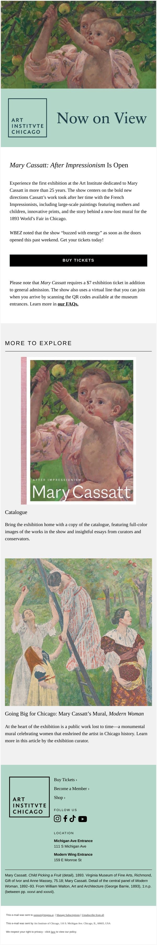 You Won’t Want to Miss “Mary Cassatt: After Impressionism” email from Art Institute of Chicago screenshot