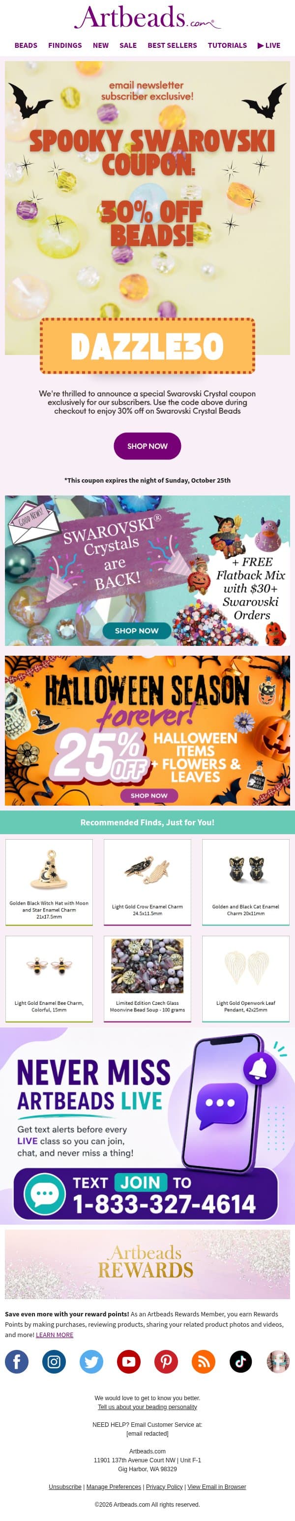 30% Off Swarovski Crystal Beads! Exclusive Coupon Inside email from Artbeads.com screenshot