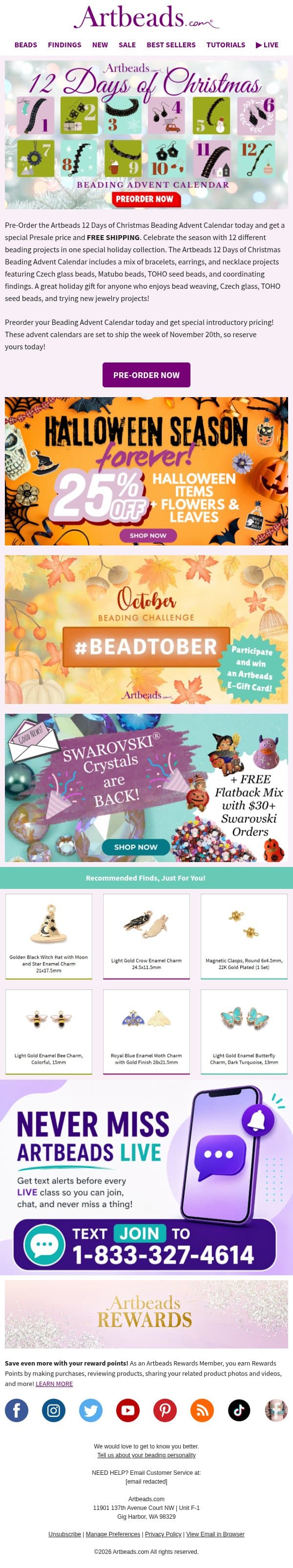 PRE-ORDER NOW: Artbeads 12 Days of Christmas Beading Advent Calendar email from Artbeads.com screenshot