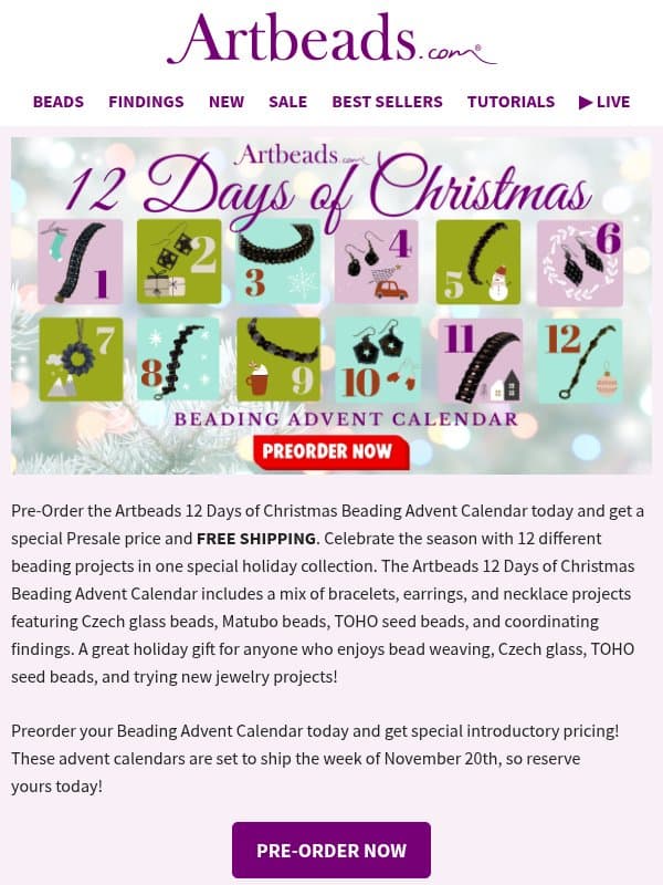 PRE-ORDER NOW: Artbeads 12 Days of Christmas Beading Advent Calendar email from Artbeads.com