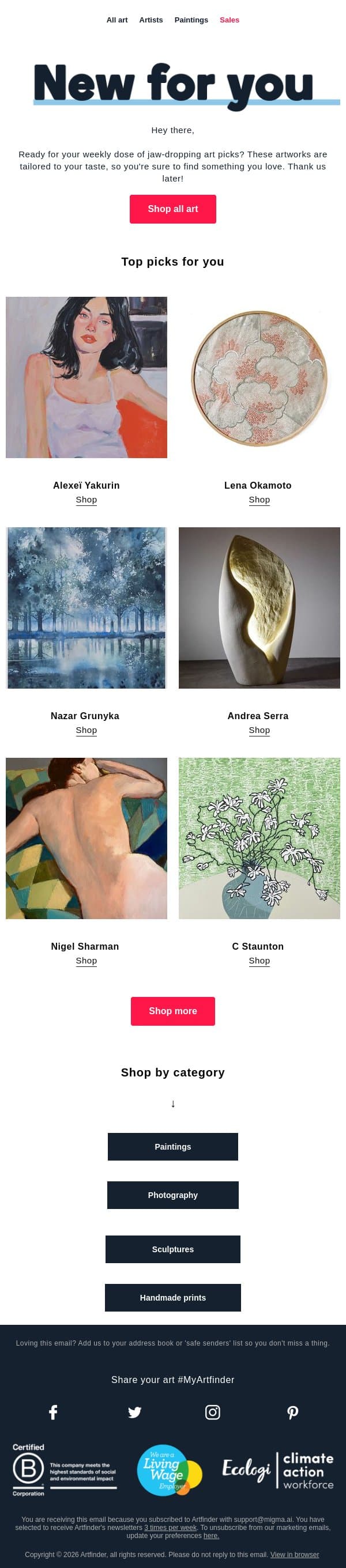 Your weekly dose of new art π email from Artfinder screenshot