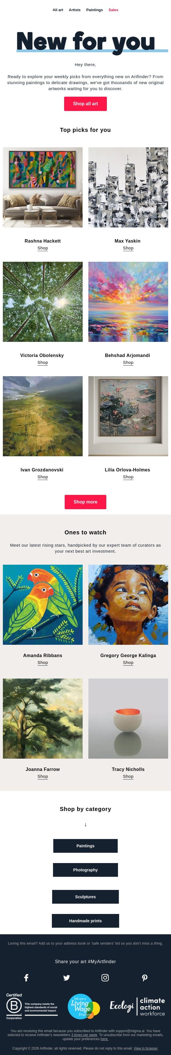 New for you 🌷 email from Artfinder screenshot