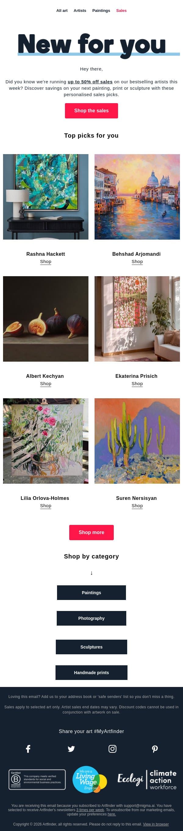 Your personalised sales picks π email from Artfinder screenshot