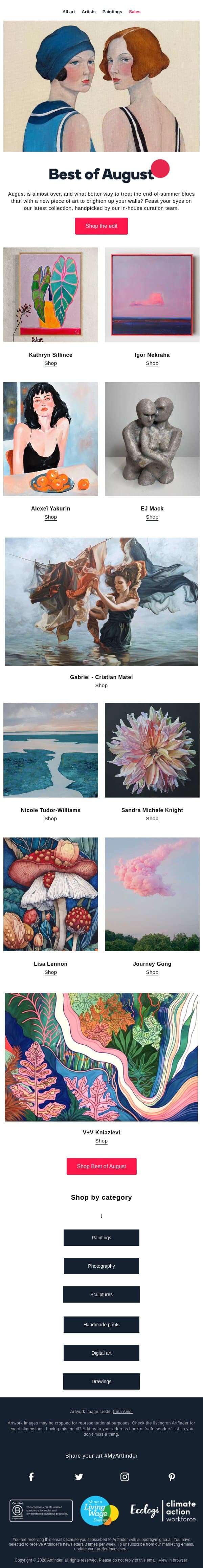 Best of August 🌞 email from Artfinder screenshot