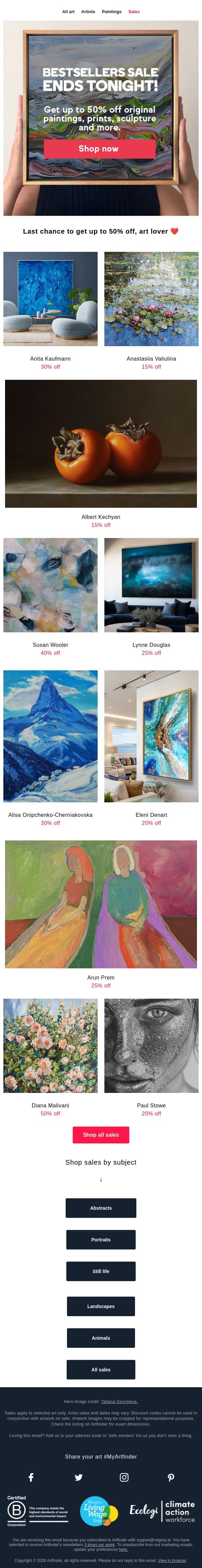 ⭐ Last day to get up to 50% off! email from Artfinder screenshot