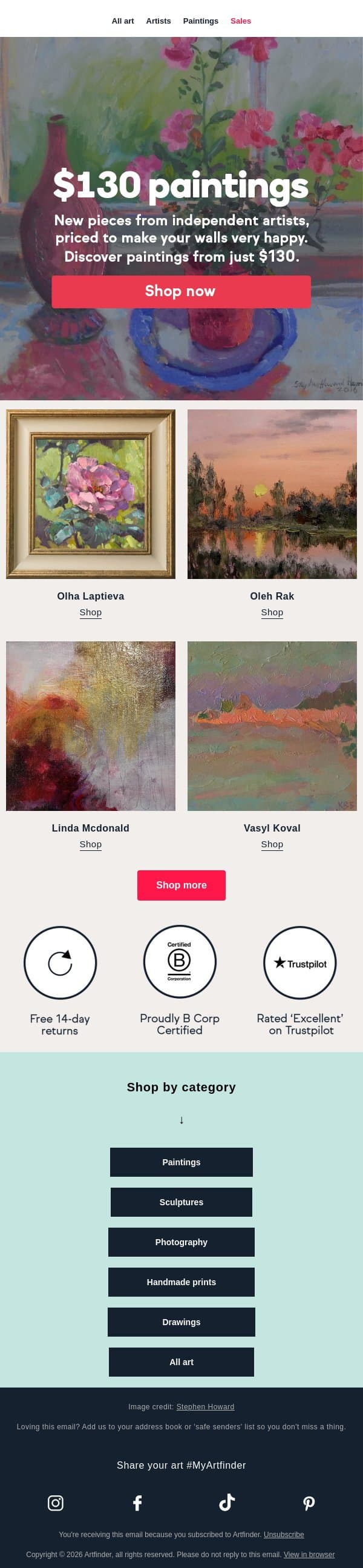 Ka-ching! Shop $130 paintings 🖼️ email from Artfinder screenshot