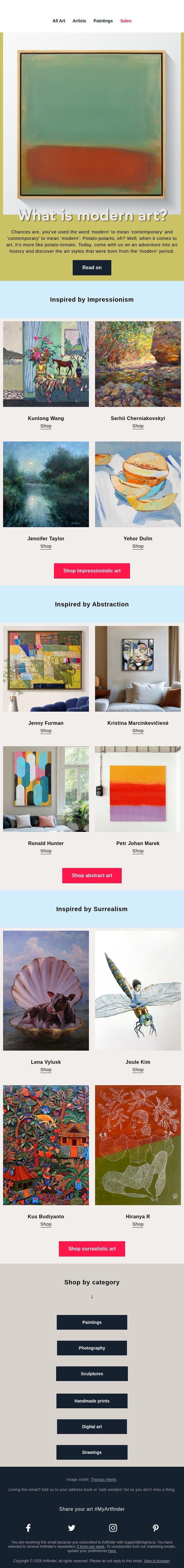 Van Gogh, Picasso, O’Keeffe, oh my! 🥔🍅 email from Artfinder screenshot