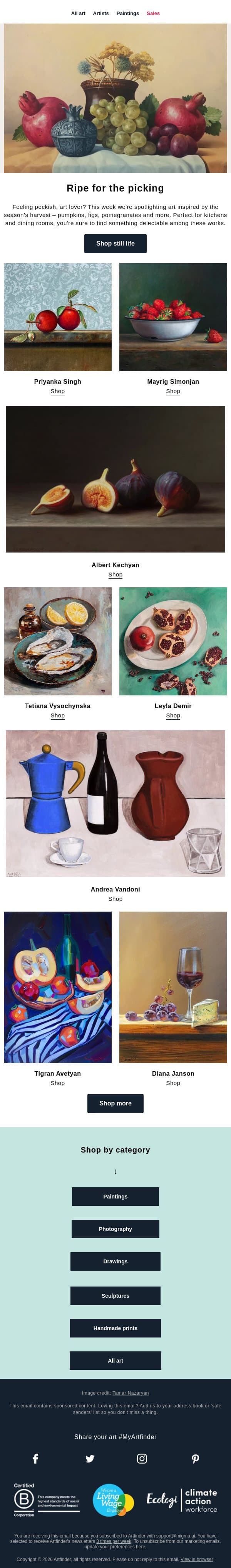 Still life, ripe for the picking 🍇 email from Artfinder screenshot