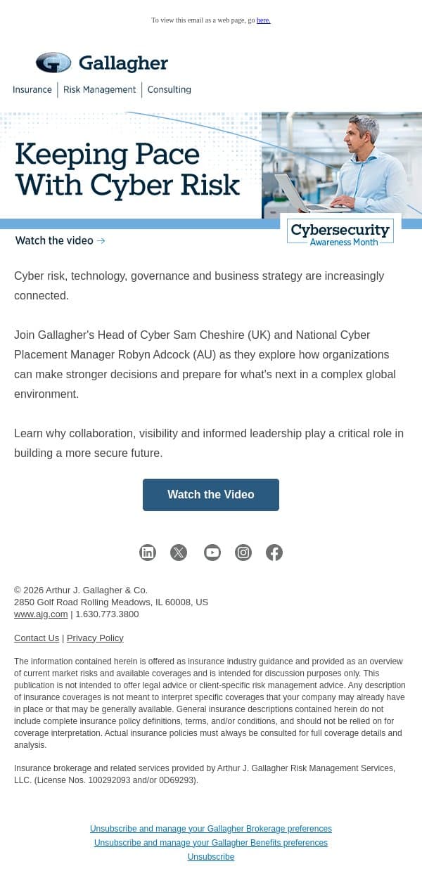 The New Cyber Reality: Keeping Pace With Cyber Risk email from Arthur J. Gallagher & Co. screenshot