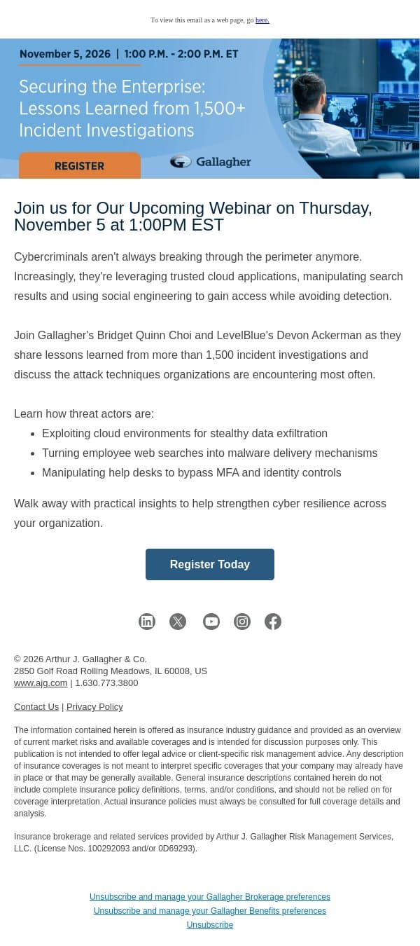 What 1,500+ cyber investigations reveal about today's threats email from Arthur J. Gallagher & Co. screenshot