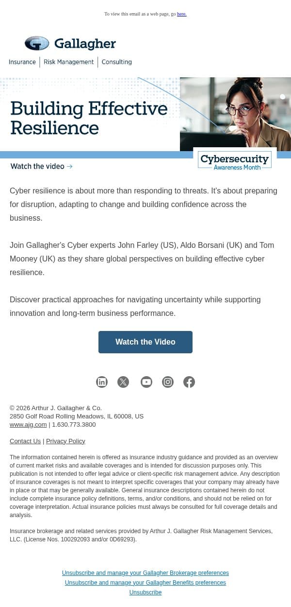 The New Cyber Reality: Building Effective Resilience email from Arthur J. Gallagher & Co. screenshot