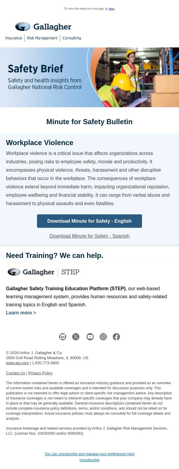 Safety Brief – October 2026 email from Arthur J. Gallagher & Co. screenshot