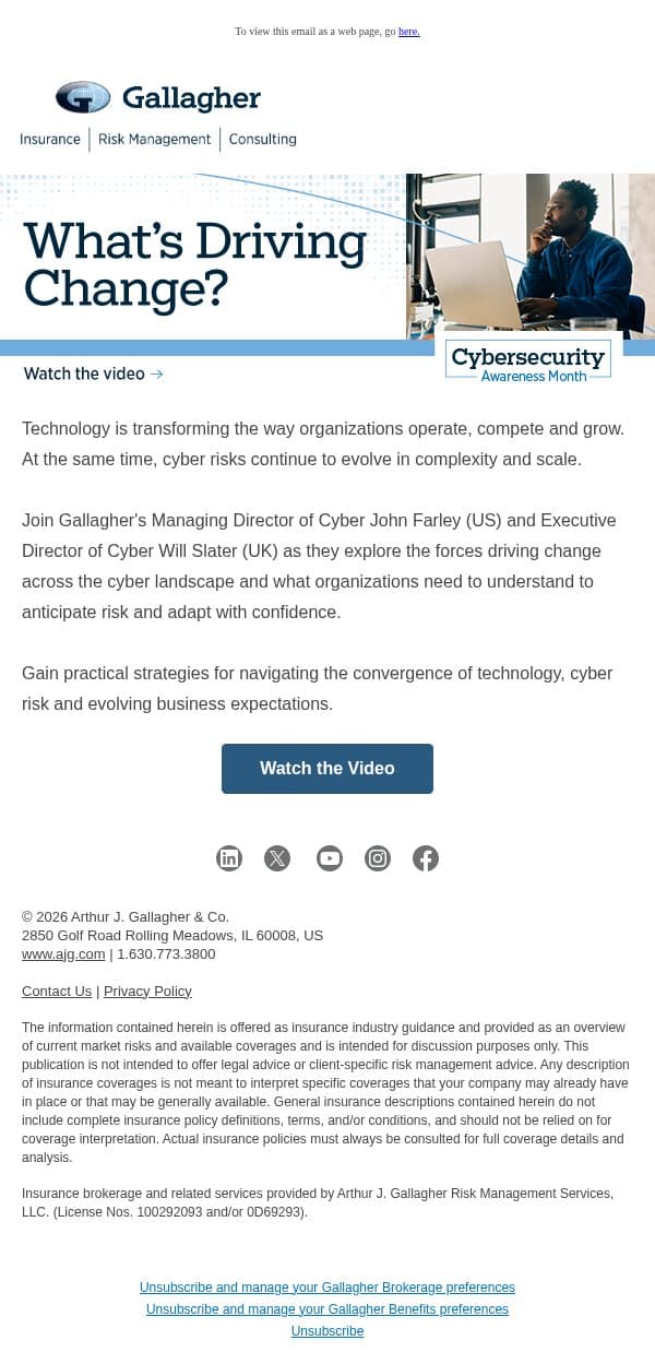 The New Cyber Reality: What's Driving Change? email from Arthur J. Gallagher & Co. screenshot