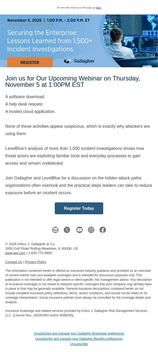 The attack may not come through your firewall email from Arthur J. Gallagher & Co. screenshot