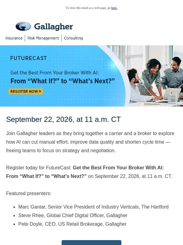 Get the Best From Your Broker With AI: REGISTER FOR FUTURECAST 2026 email from Arthur J. Gallagher & Co.