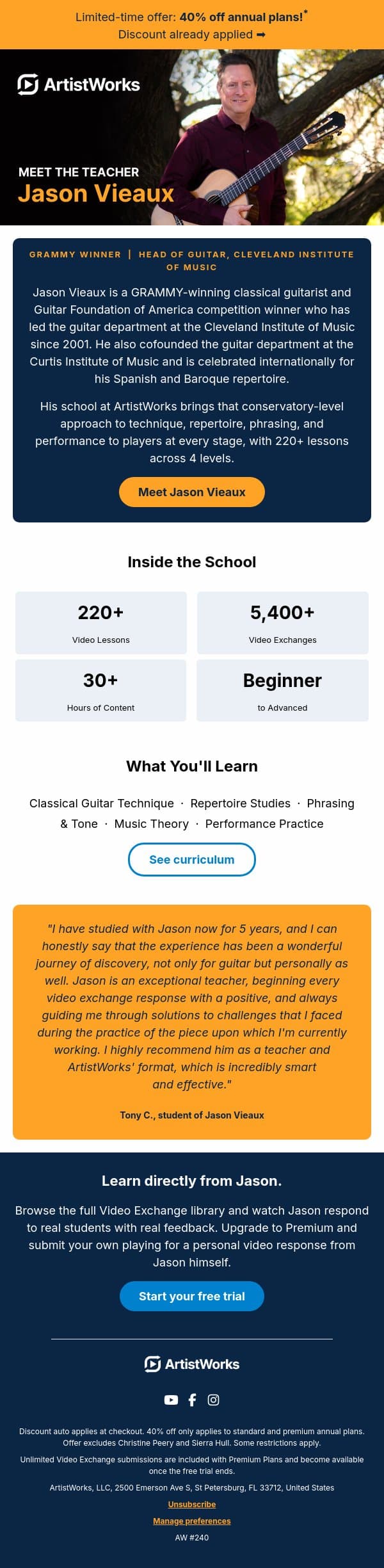 Jason Vieaux: GRAMMY winner. Now your teacher. email from ArtistWorks screenshot
