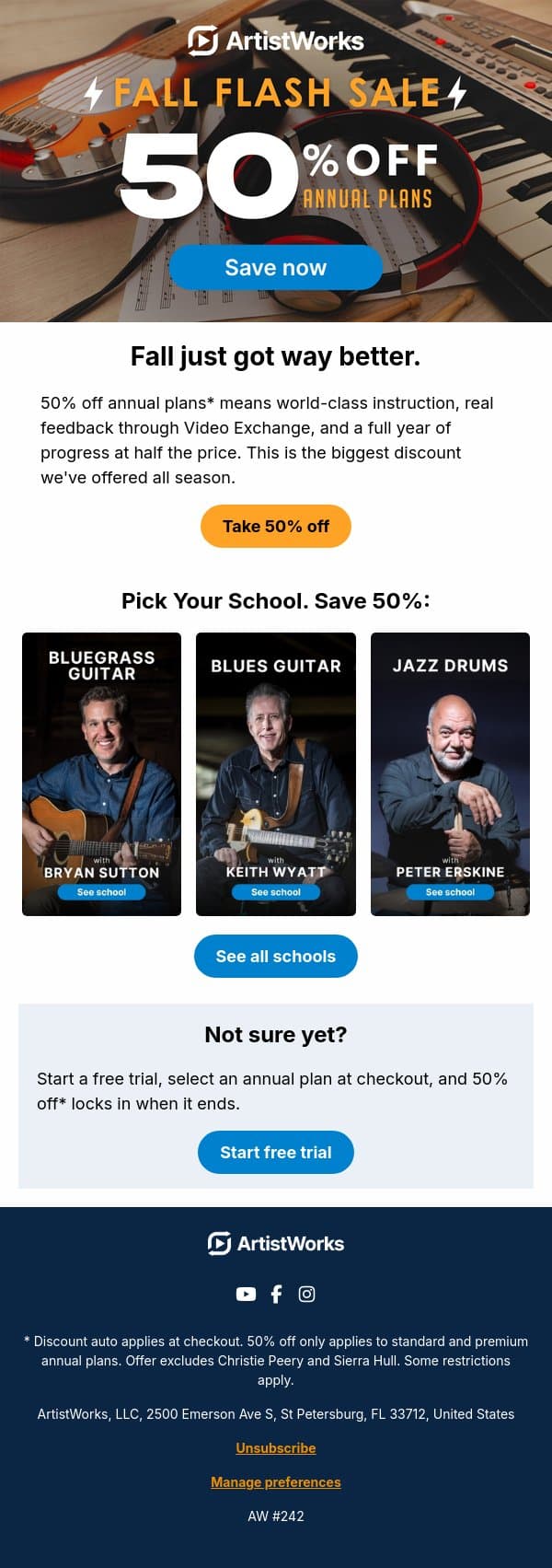 50% off annual plans! 🎉 email from ArtistWorks screenshot